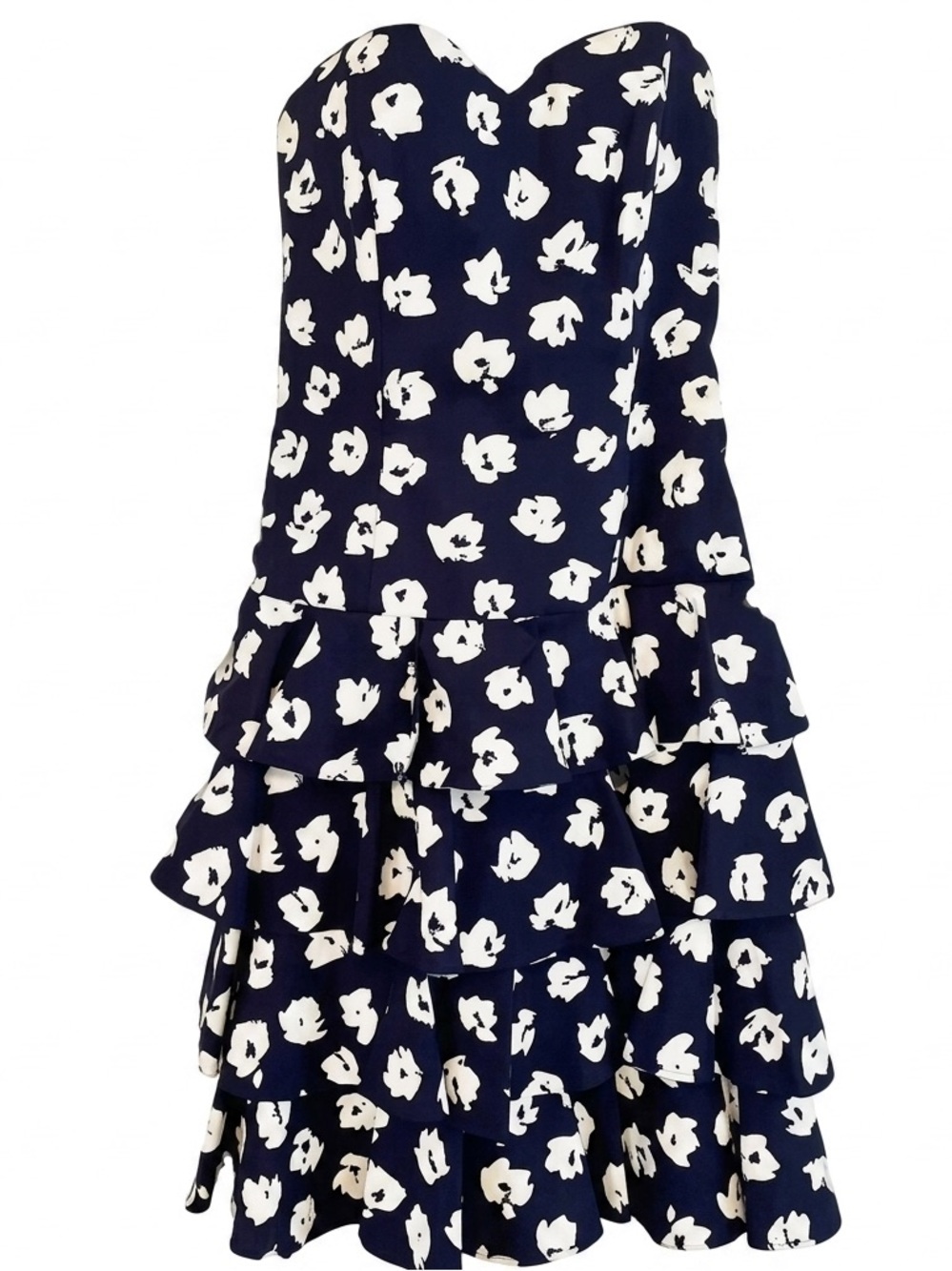 Vintage 80s 90s Dress Strapless Ruffled Cocktail Patty O’Neil Navy White Floral - Picture 2 of 8